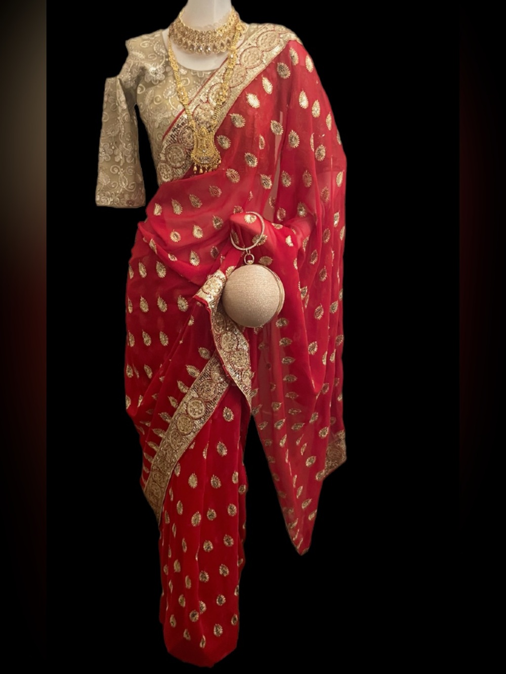 Red and Gold Embroidered Saree with Gold Blouse